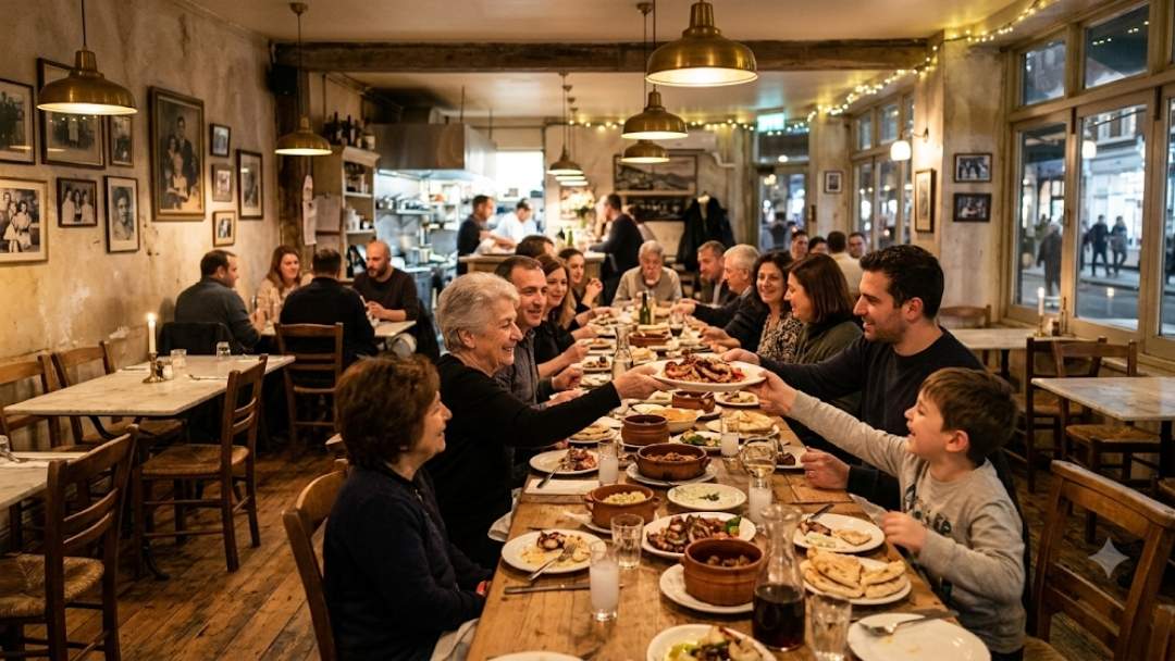 Taverna Ermou — multi-generational family sharing plates at long table, warm rustic taverna interior with vintage family photos