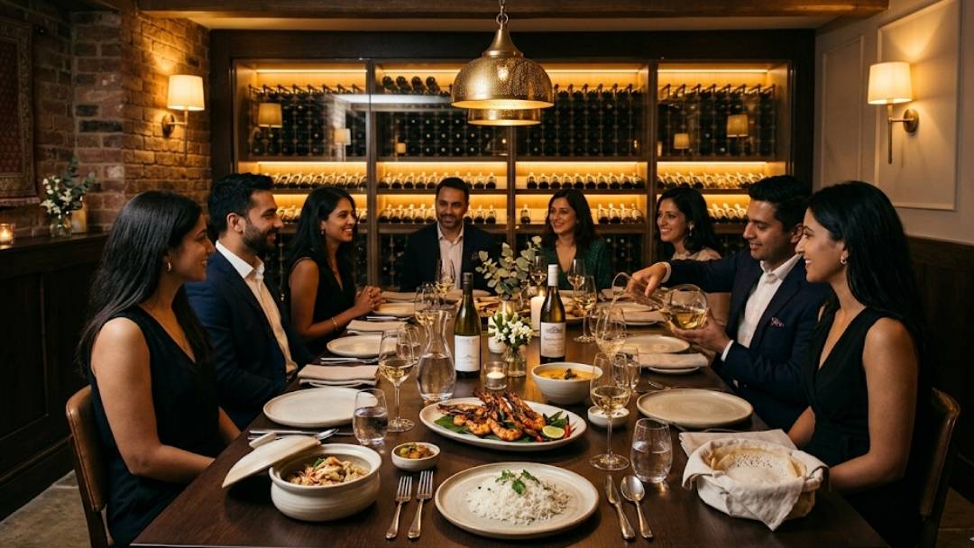 Trishna Marylebone coastal Indian dining — group enjoying seafood feast at table beside wine cellar, elegant London restaurant setting