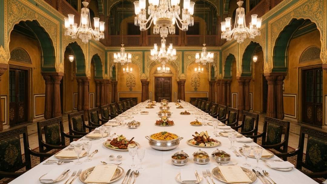 Veeraswamy Regent Street private dining hall — grand palatial room with crystal chandeliers and long banquet table, historic London Indian restaurant