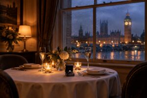 Candlelit private dining table for two with an open ring box, rain on the window behind