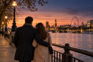 Couple walking arm in arm along London's South Bank at dusk, with the Thames and city skyline glowing behind them