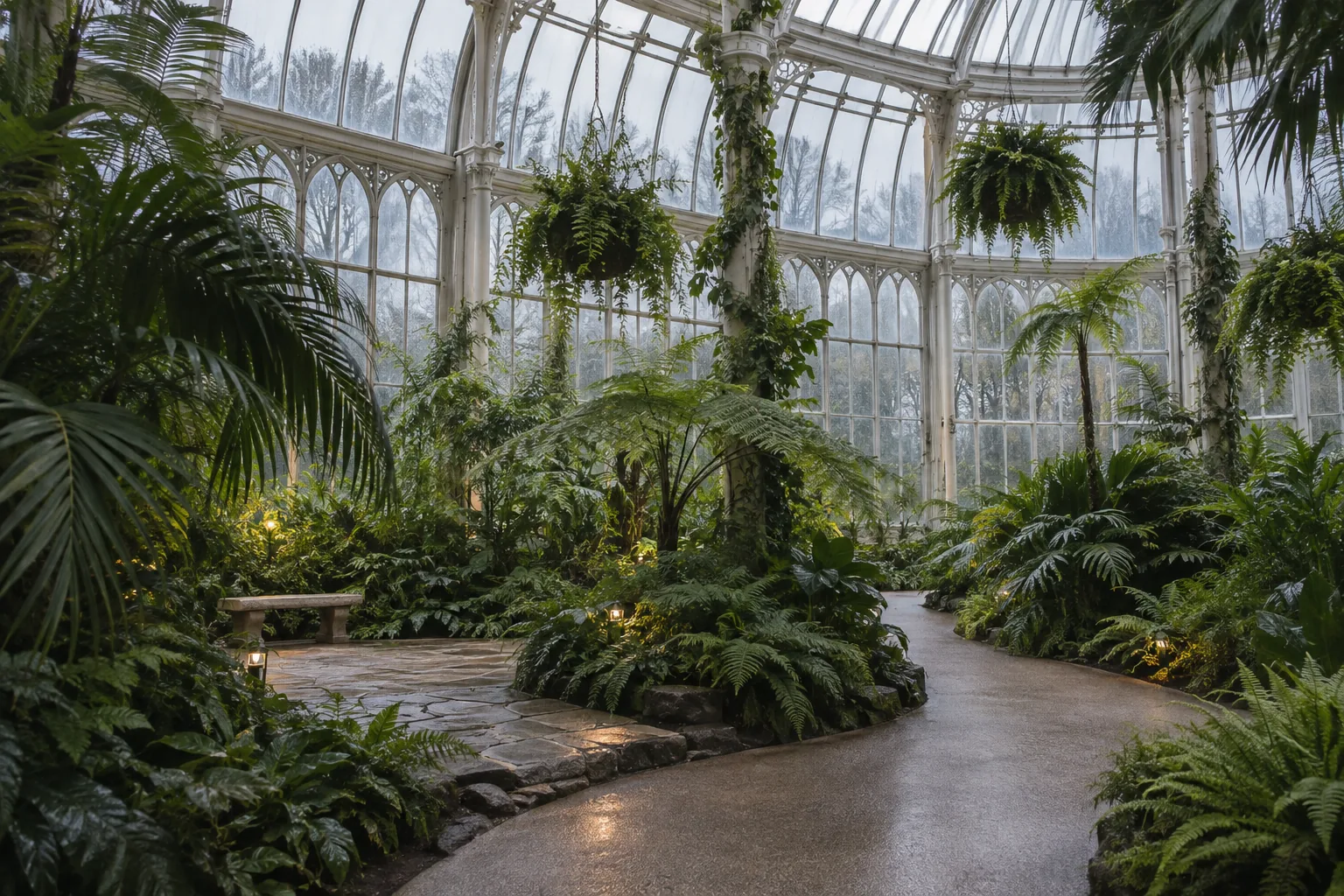 Empty path through a warm Victorian glasshouse full of palms and ferns on a grey, rainy day