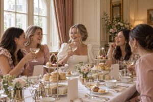 Group of women sharing a champagne afternoon tea in a private alcove of a London hotel, with tiered stands and printed menu cards