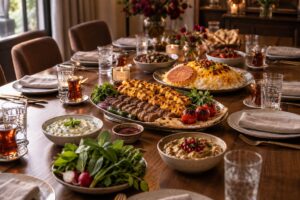 Long private dining table set with shared Persian dishes, including saffron rice with tahdig, kebabs, mezze and fresh herbs