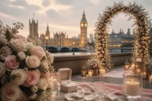 Man kneels to propose with ring box beside Thames at dusk, London skyline and fairy lights behind