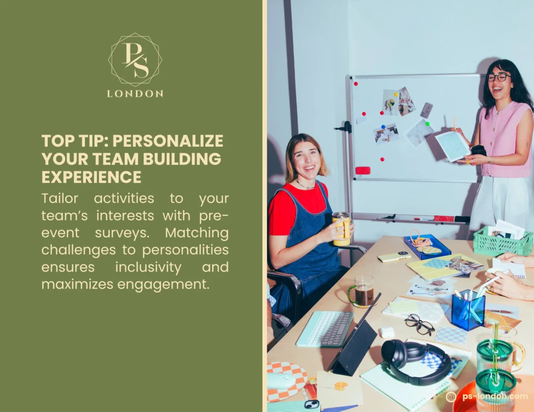 Green graphic with Personalize Your Team Building Experience tip beside photo of two women laughing near a whiteboard