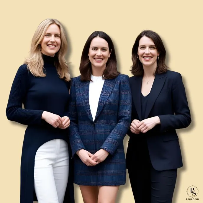 Three smiling women in navy outfits standing against a cream background with the P.S London logo