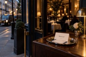 A reserved table card and theatre tickets on a host stand at the entrance of a London restaurant at dusk, showing the kind of arrangements a lifestyle concierge books
