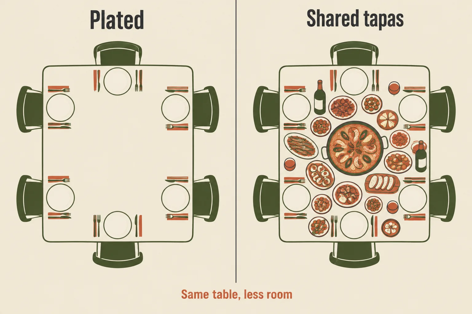 Top-down comparison of the same eight-seat table: plated settings leave the centre free, while shared tapas platters fill the whole surface
